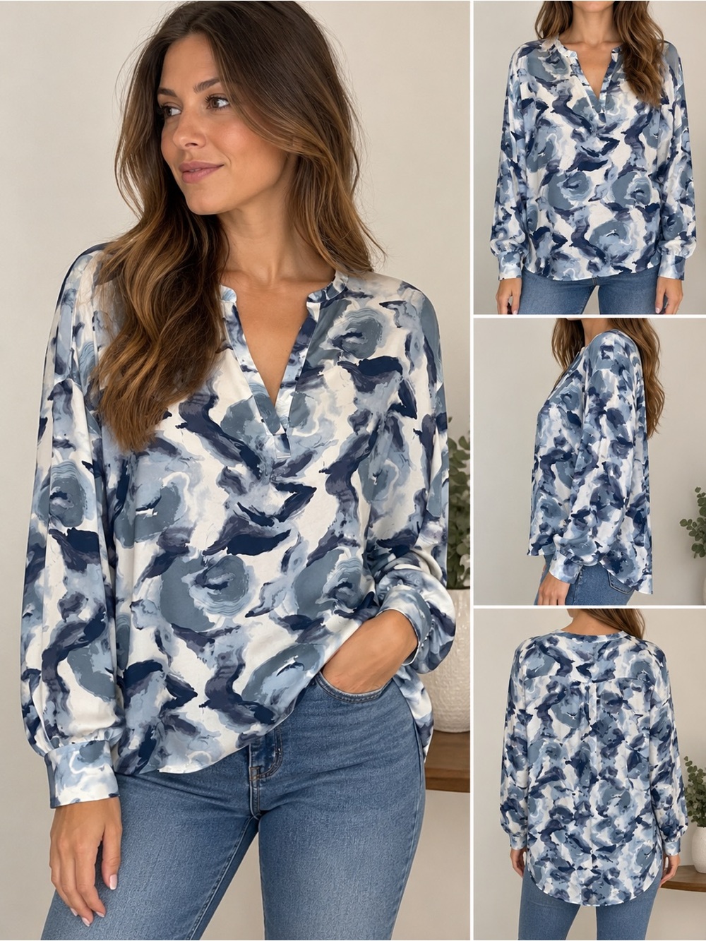Joie Blue Abstract Watercolor Silk Blouse